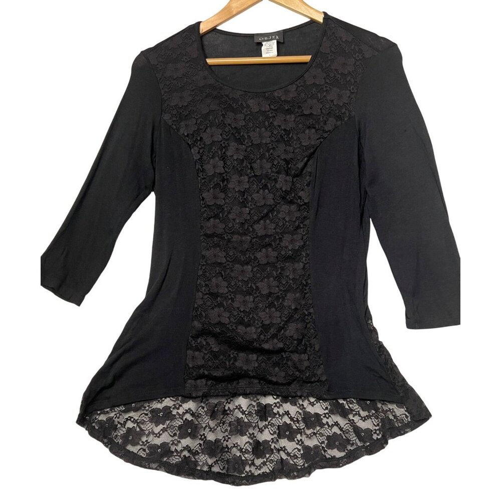Objex Women's L Black Lace Overlay Tunic Top Stretch Hi-Low Fairy Goth Whimsical